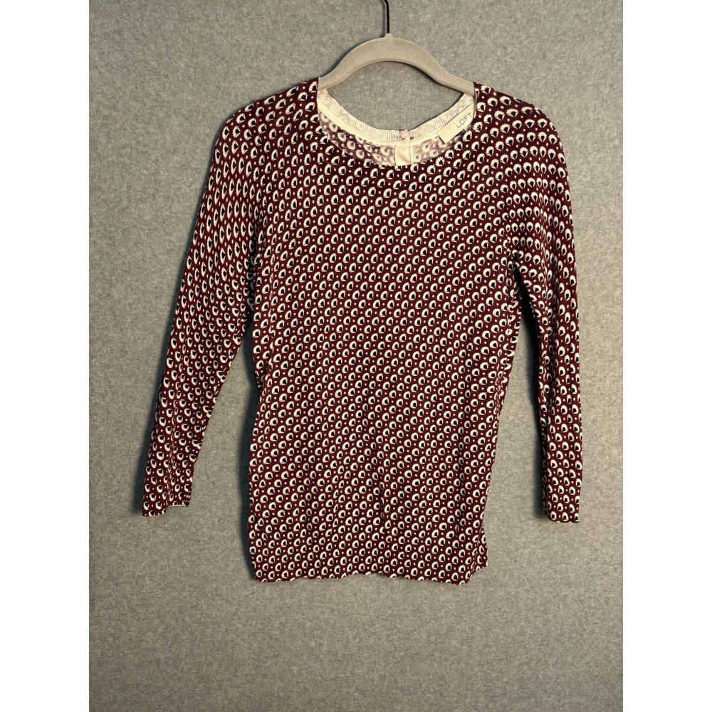 LOFT Women's Burgundy Geometric Print Sweater XS Cotton Long Sleeve Knit Top